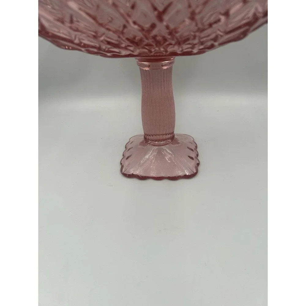 Pink Glass Square Pedestal Compote Dish, Diamond Pattern, 8 in x 8 in